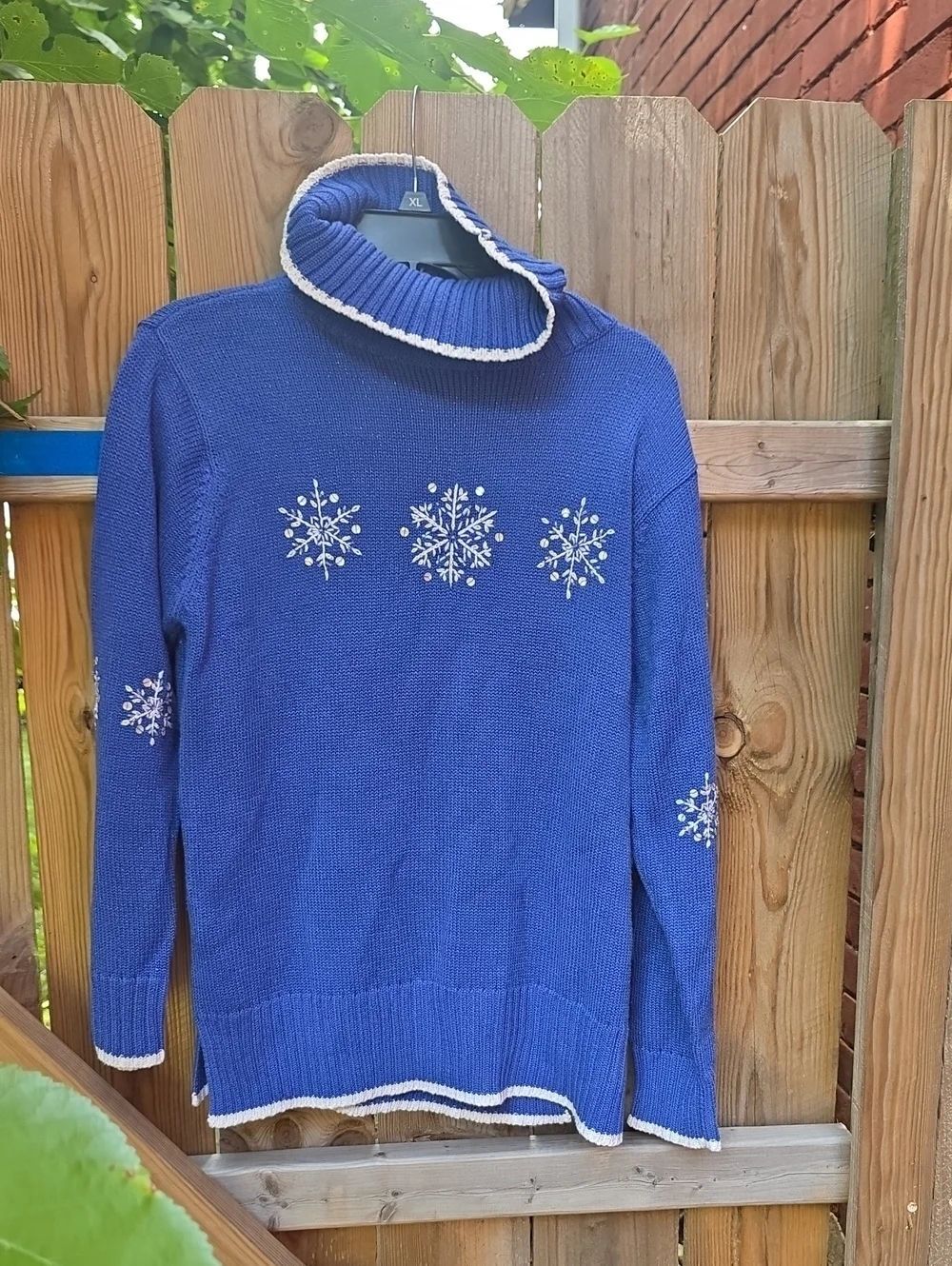 Quacker Factory Royal Blue Turtleneck Sweater with White Snowflakes